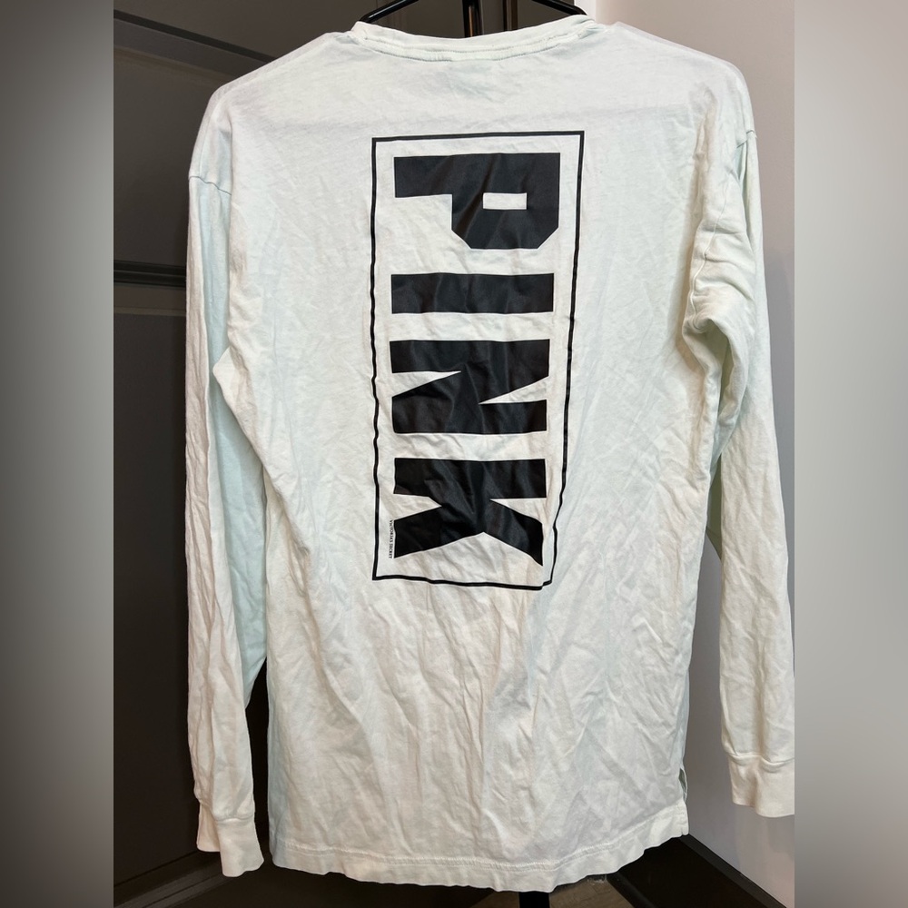 PINK Victoria's Secret Pastel Green Long Sleeve Tee with Black Lettering